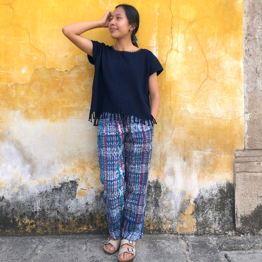 Cozy Corte Pants: Dark Blue & Purple Ikat (S)