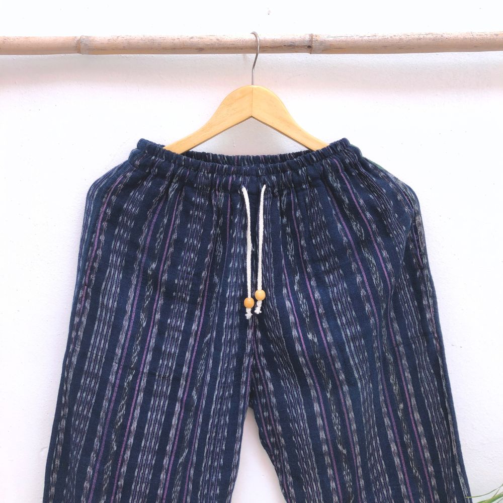 Cozy Corte Pants: Dark Blue & Purple Ikat (S)