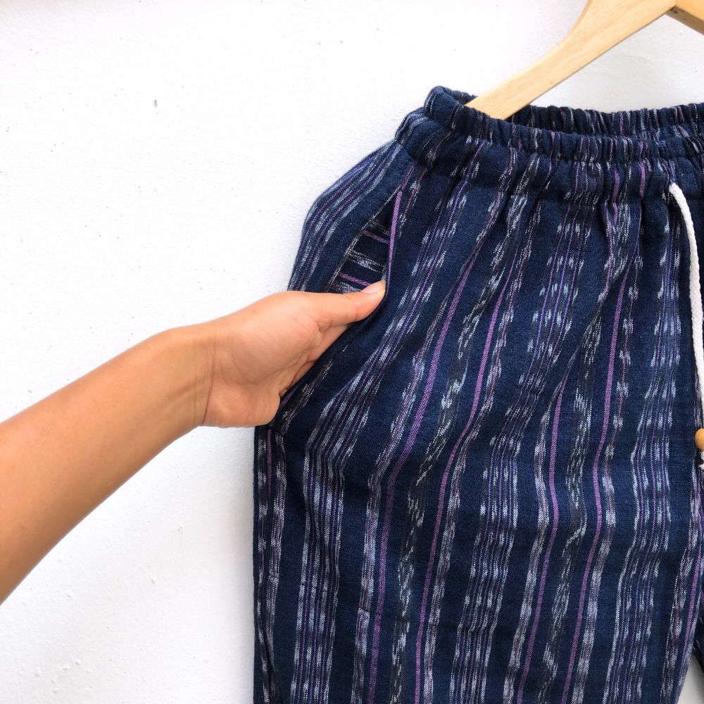 Cozy Corte Pants: Dark Blue & Purple Ikat (S)