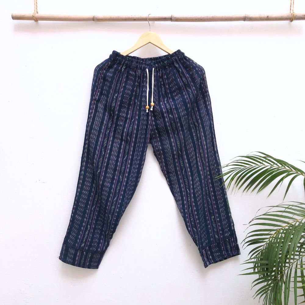 Cozy Corte Pants: Dark Blue & Purple Ikat (S)