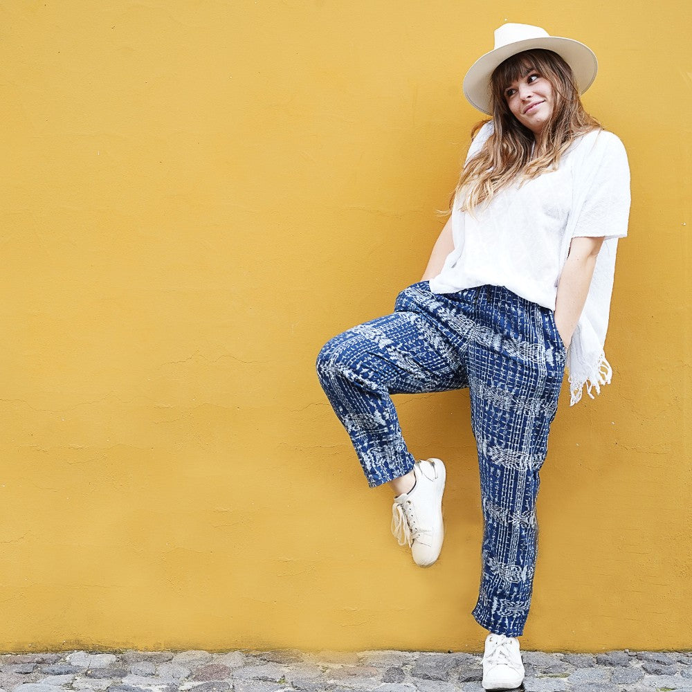 Cozy Corte Pants: Dark Blue & Purple Ikat (S)