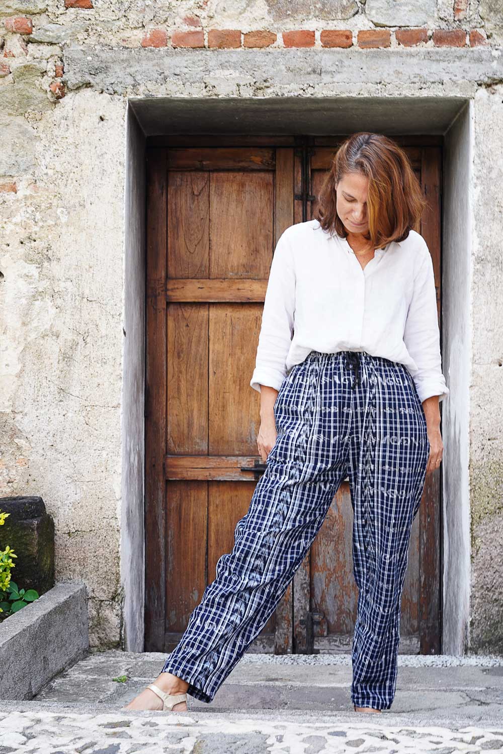 Cozy Corte Pants: Green & Blue Ikat (XL)