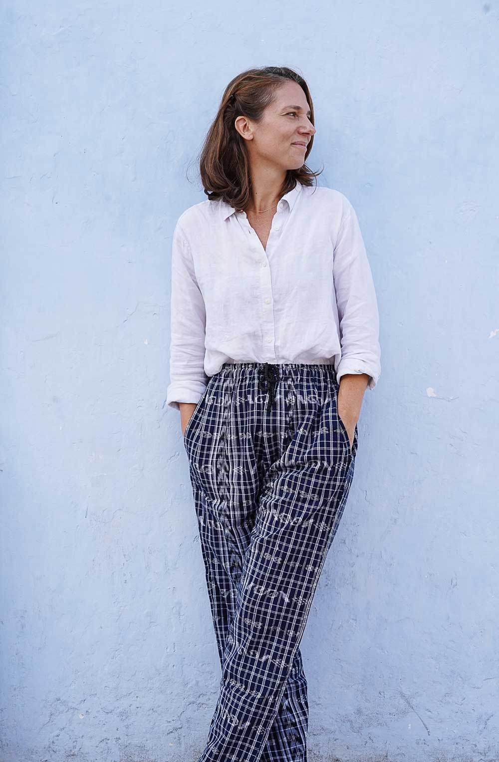 Cozy Corte Pants: Green & Blue Ikat (XL)