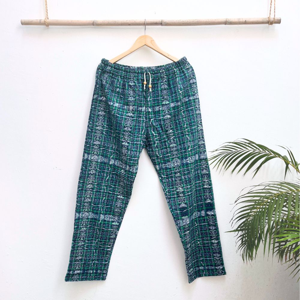 Cozy Corte Pants: Green & Blue Ikat (XL)