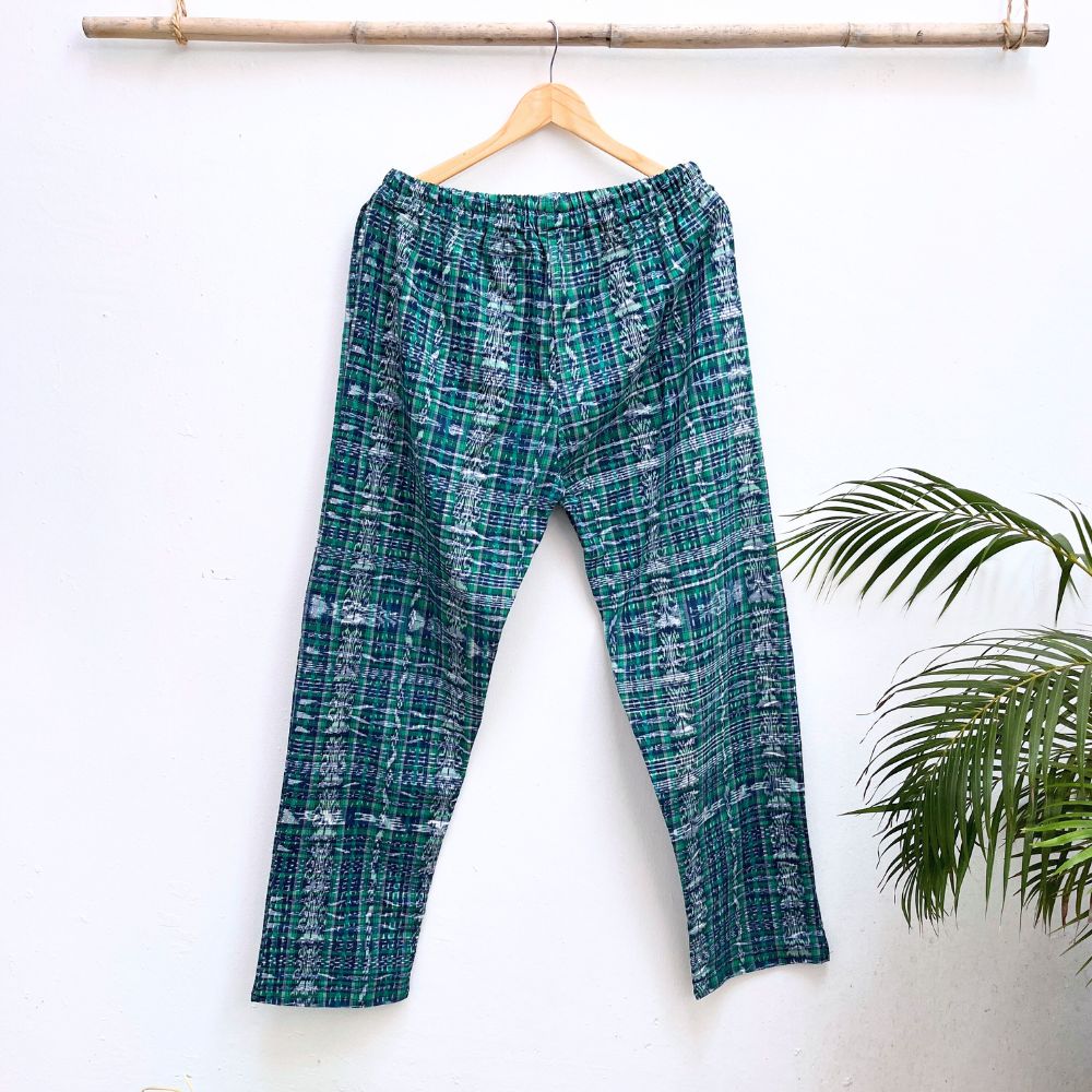 Cozy Corte Pants: Green & Blue Ikat (XL)