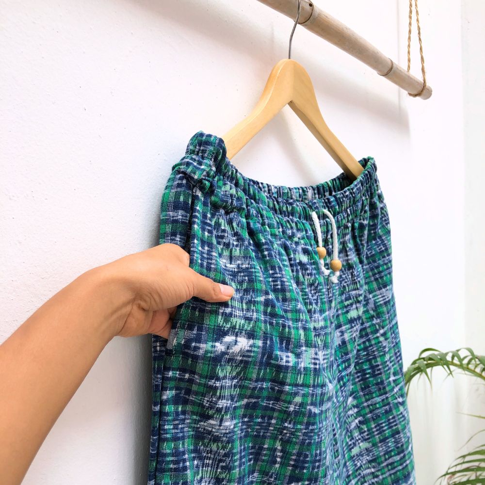 Cozy Corte Pants: Green & Blue Ikat (XL)