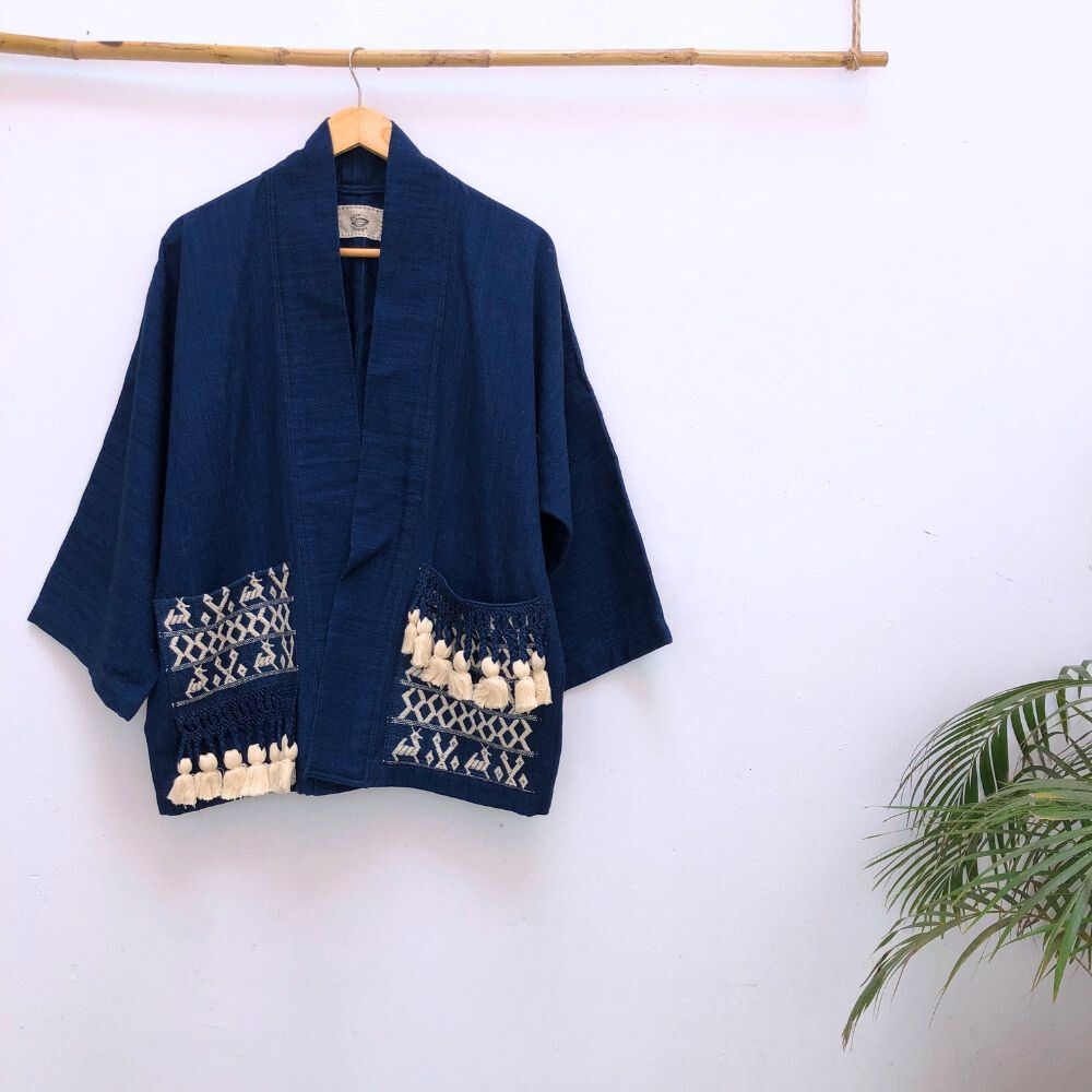 The Aiko Jacket: Indigo with brocade pockets
