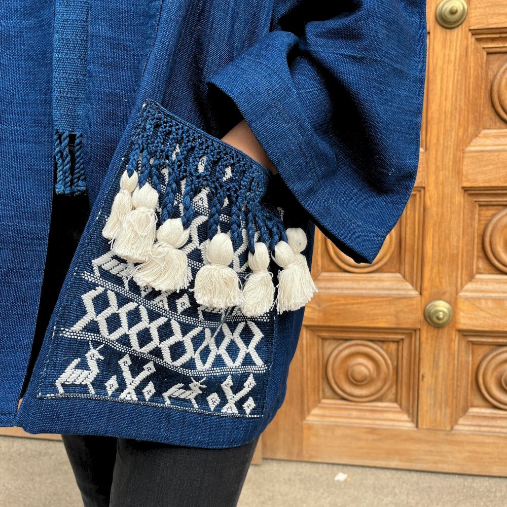 The Aiko Jacket: Indigo with brocade pockets