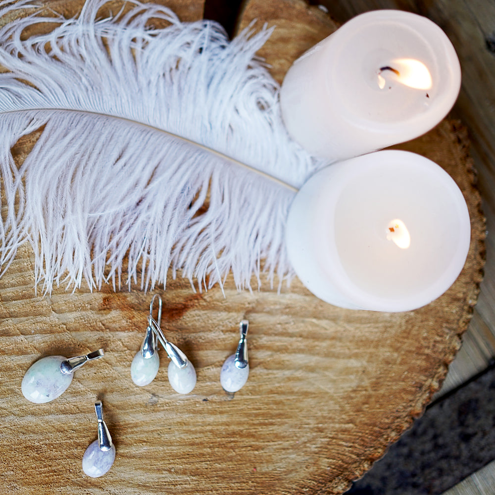 Oval Jade Earrings and Necklace Set - Lilac