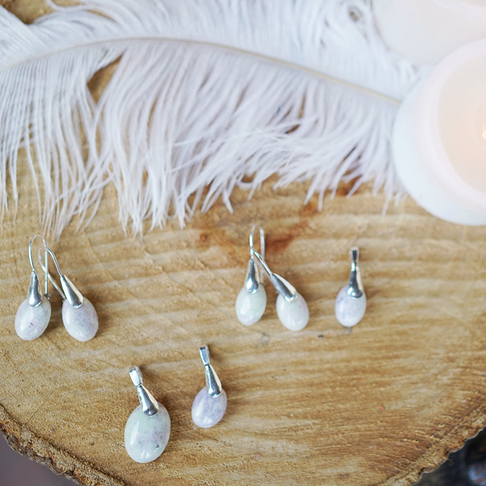Oval Jade Earrings and Necklace Set - Lilac