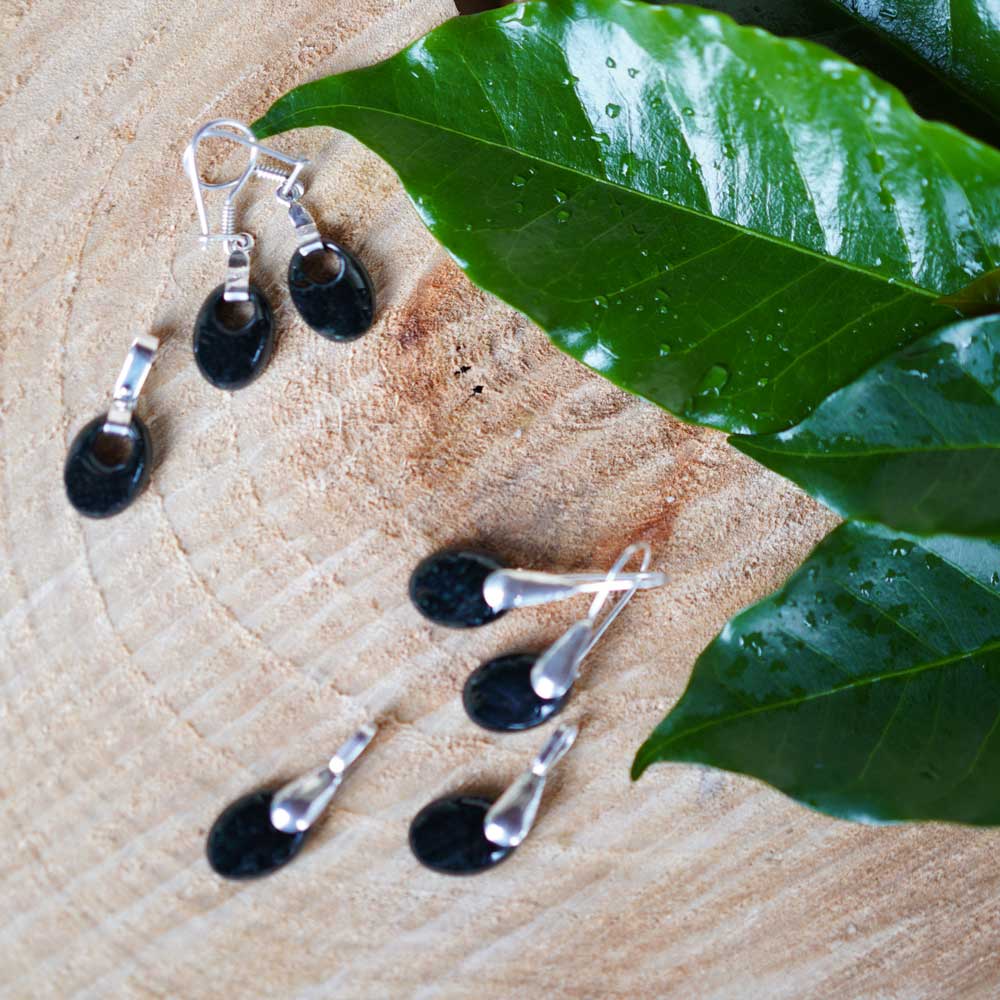 Oval Jade Earrings and Necklace Set - Dark Green