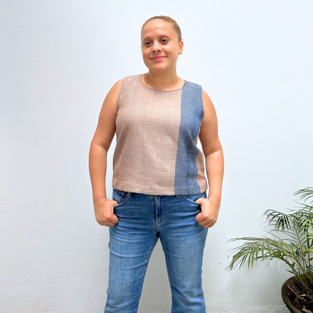 Breezy Top Cropped: Coconut & Indigo (L)