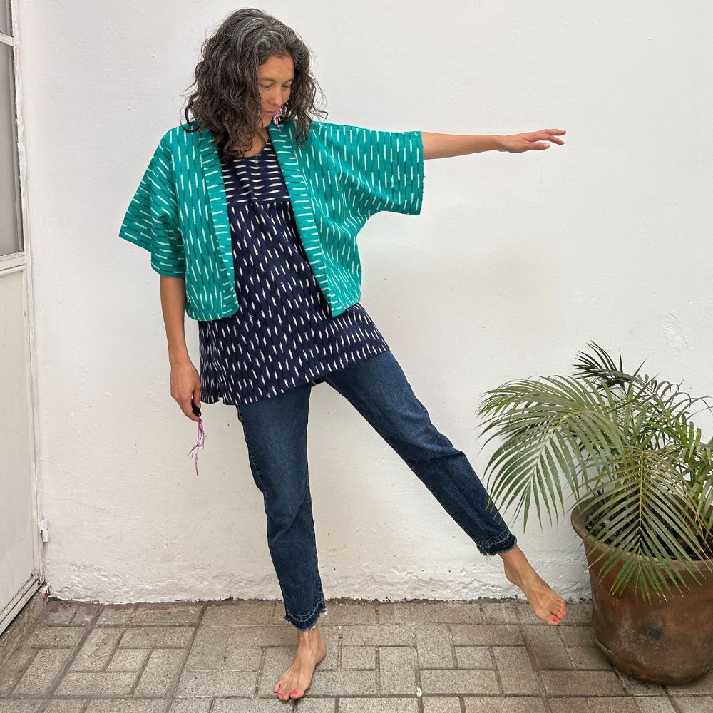 The Aiko Cropped Jacket: Mint Ikat