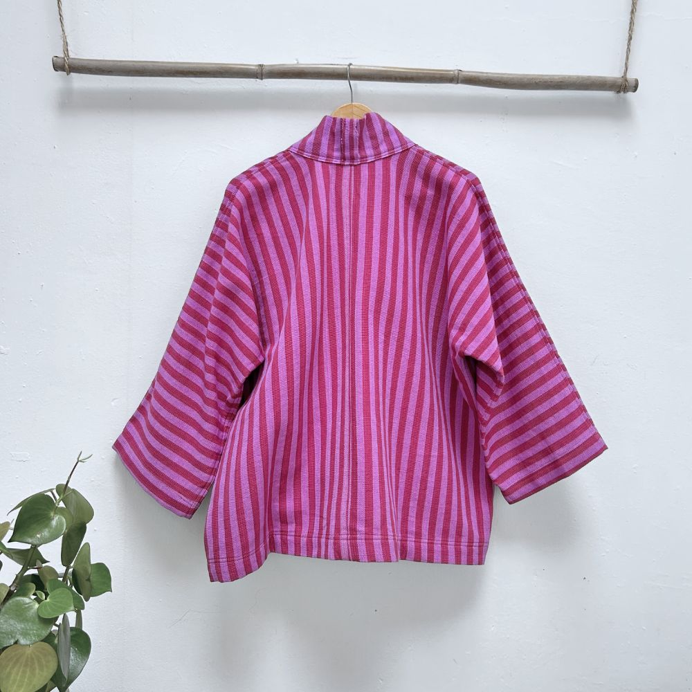Pink and white striped shirt on a hanger against a white wall with a plant in the corner.