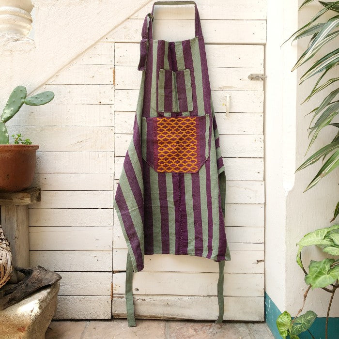 Striped Apron in Plum and Green