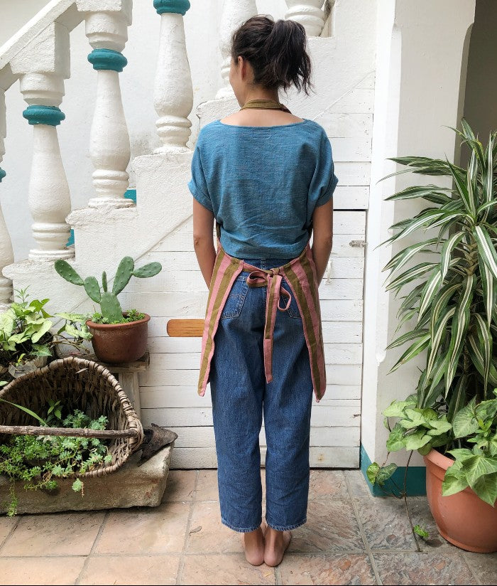 Striped Apron in Rose and Olive
