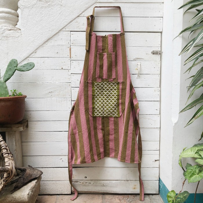 Striped Apron in Rose and Olive