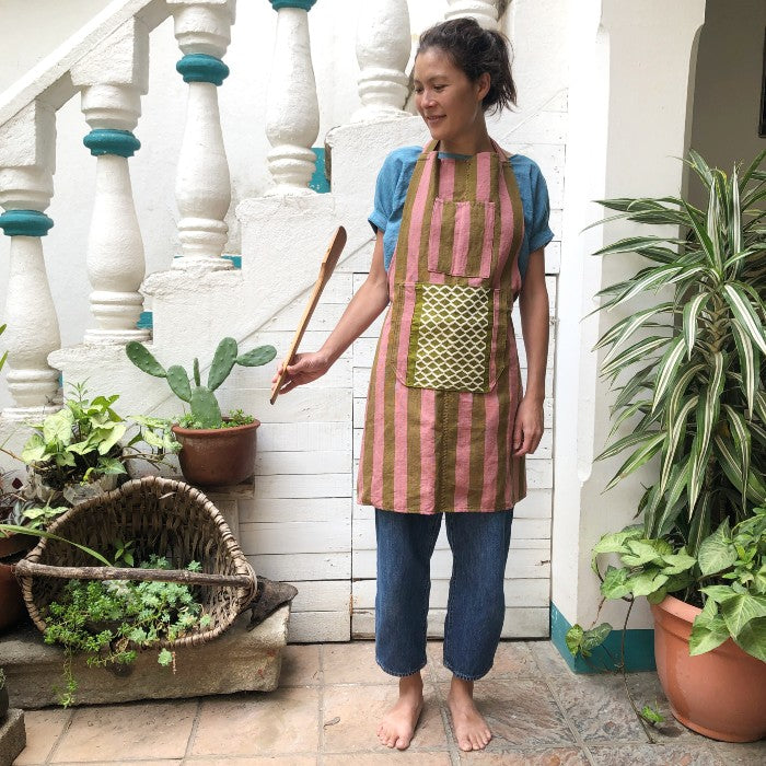 Striped Apron in Rose and Olive