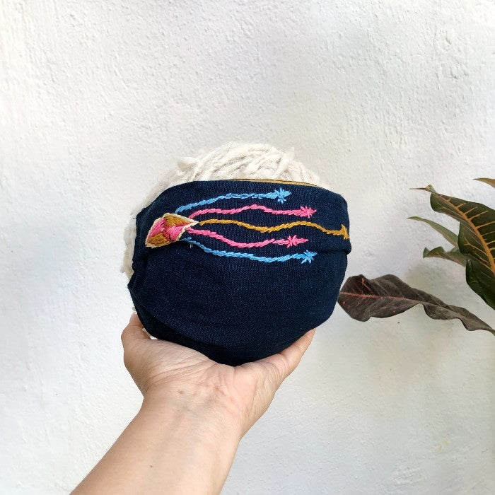 Hand-embroidered cloth mask: Fruits and Barriletes