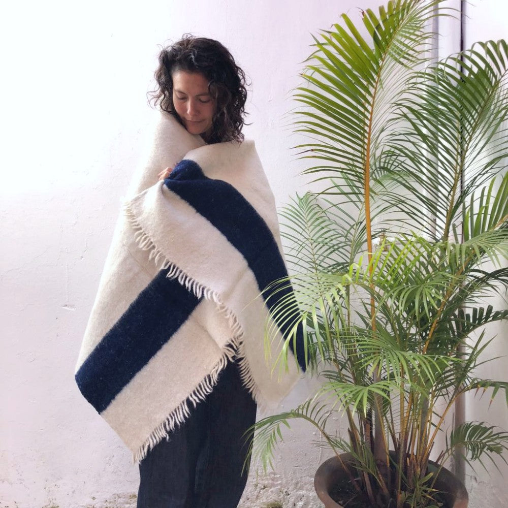 Cozy Wool Wrap: Natural White and Blue