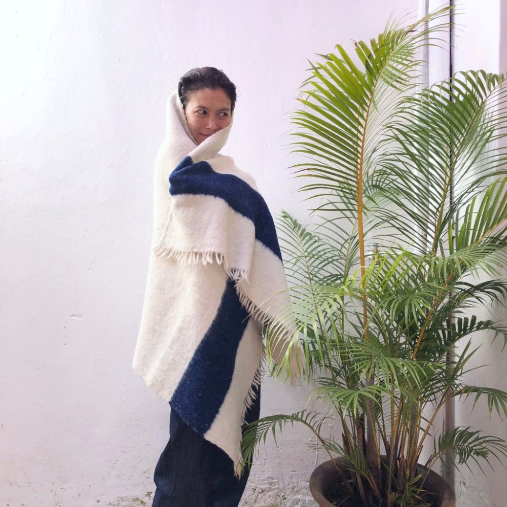 Cozy Wool Wrap: Natural White and Blue