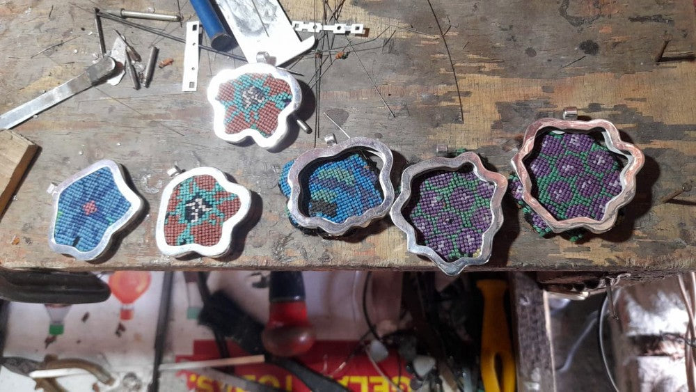 Silver Textile Pendant: Blue Flower