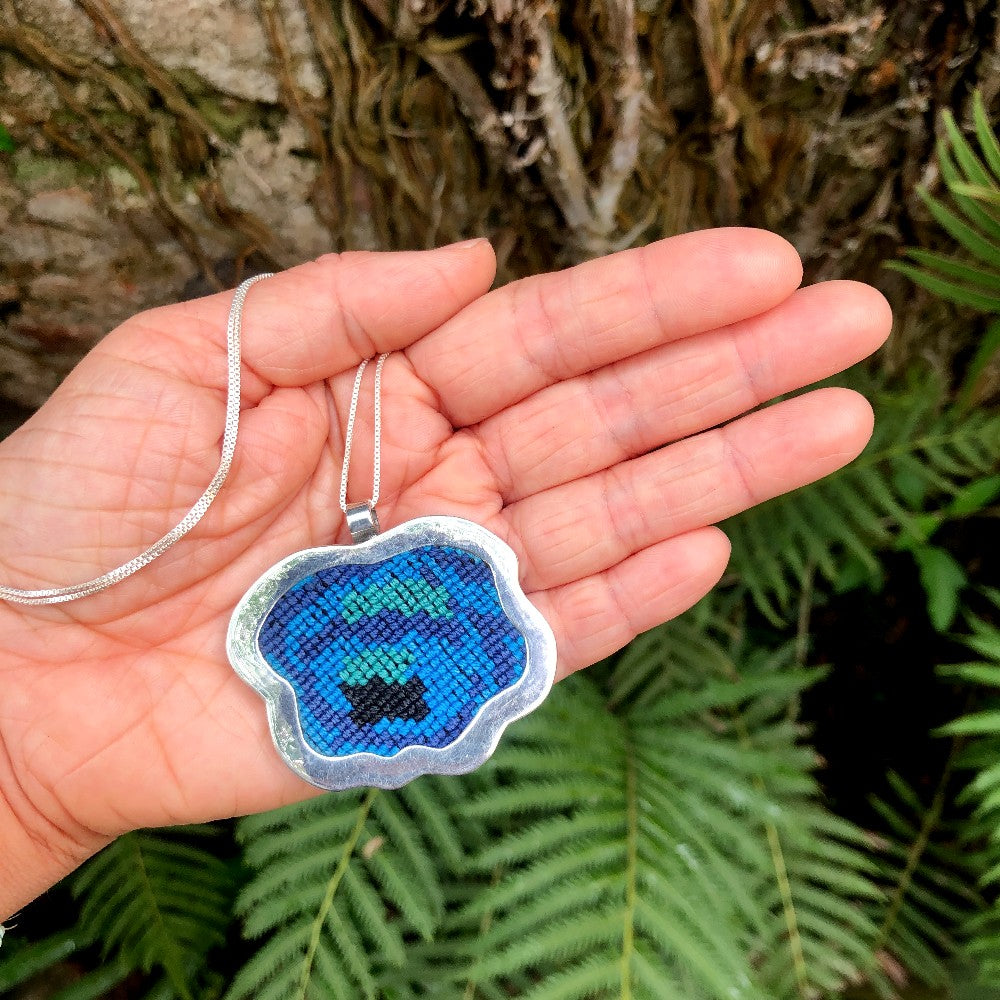 Silver Textile Pendant: Blue Flower