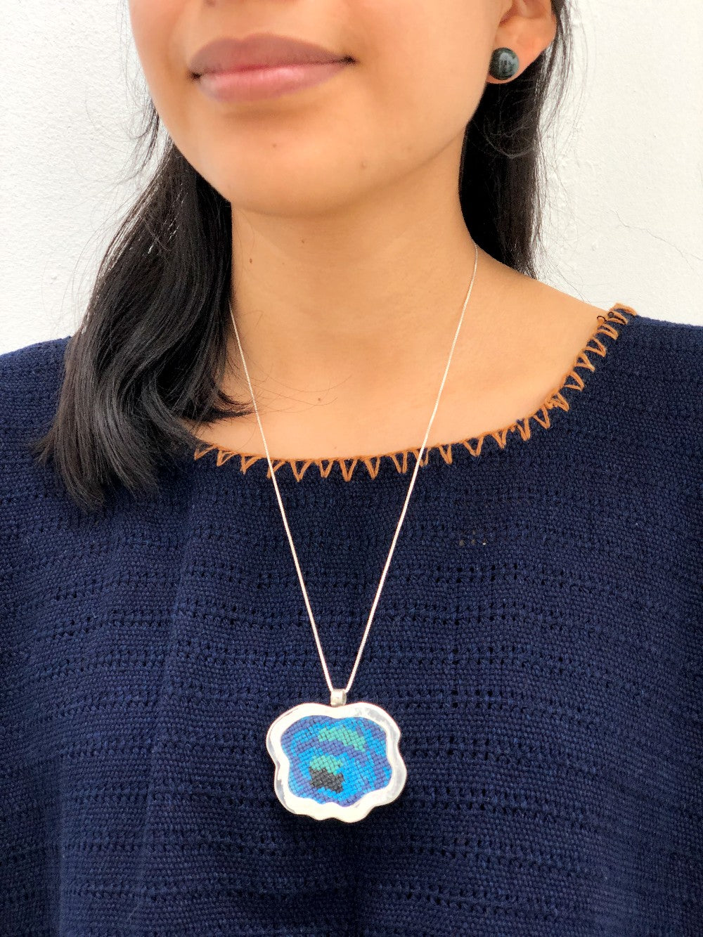 Silver Textile Pendant: Blue Flower
