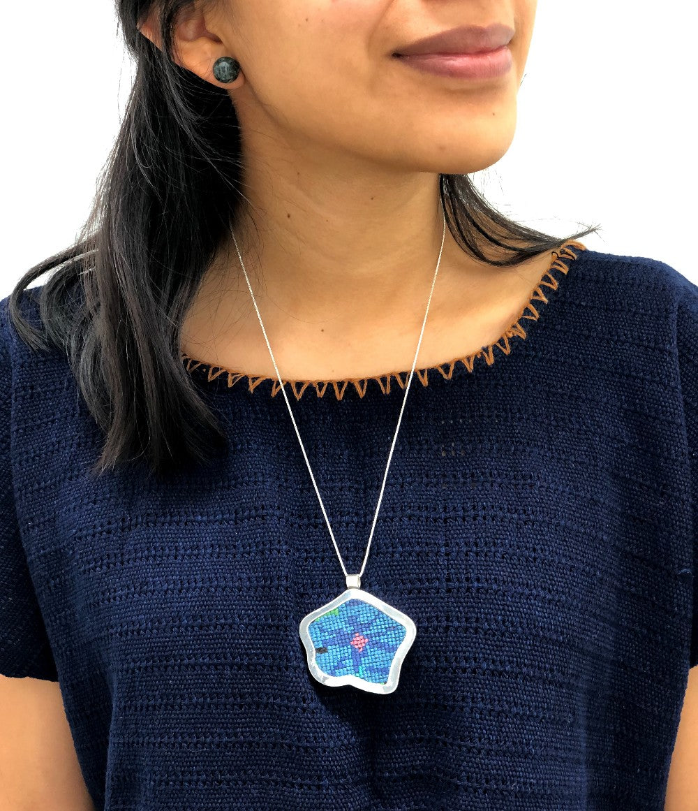 Silver Textile Pendant: Light Blue Flower
