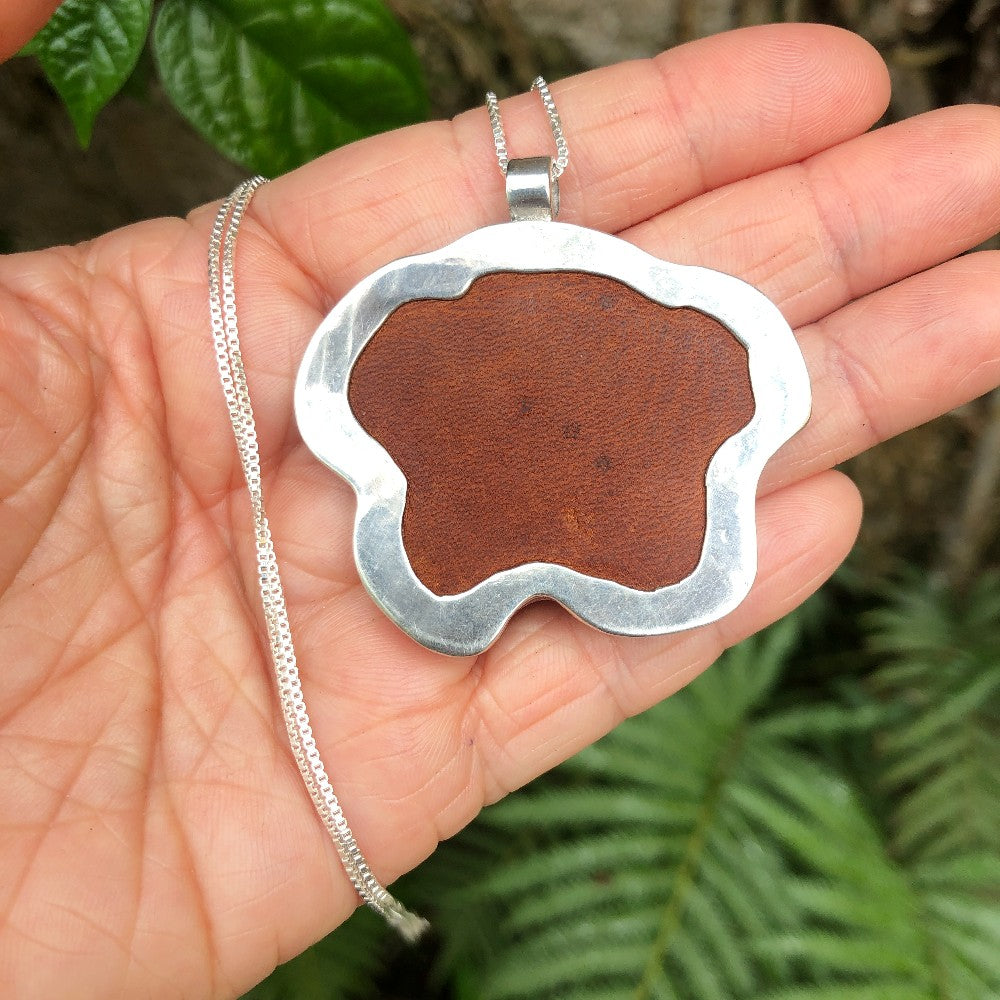 Silver Textile Pendant: Orange and Turquoise Flower 1