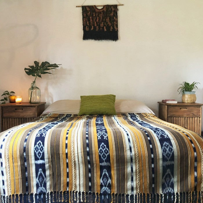 Cotton ikat bedspread in Coffee and Indigo