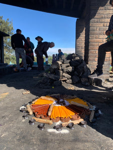 Candles and incense create a circular design on the floor at the Chichicastenango cemetery