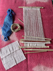 Wood and cotton white loom kit, plastic belt and white woven fabric