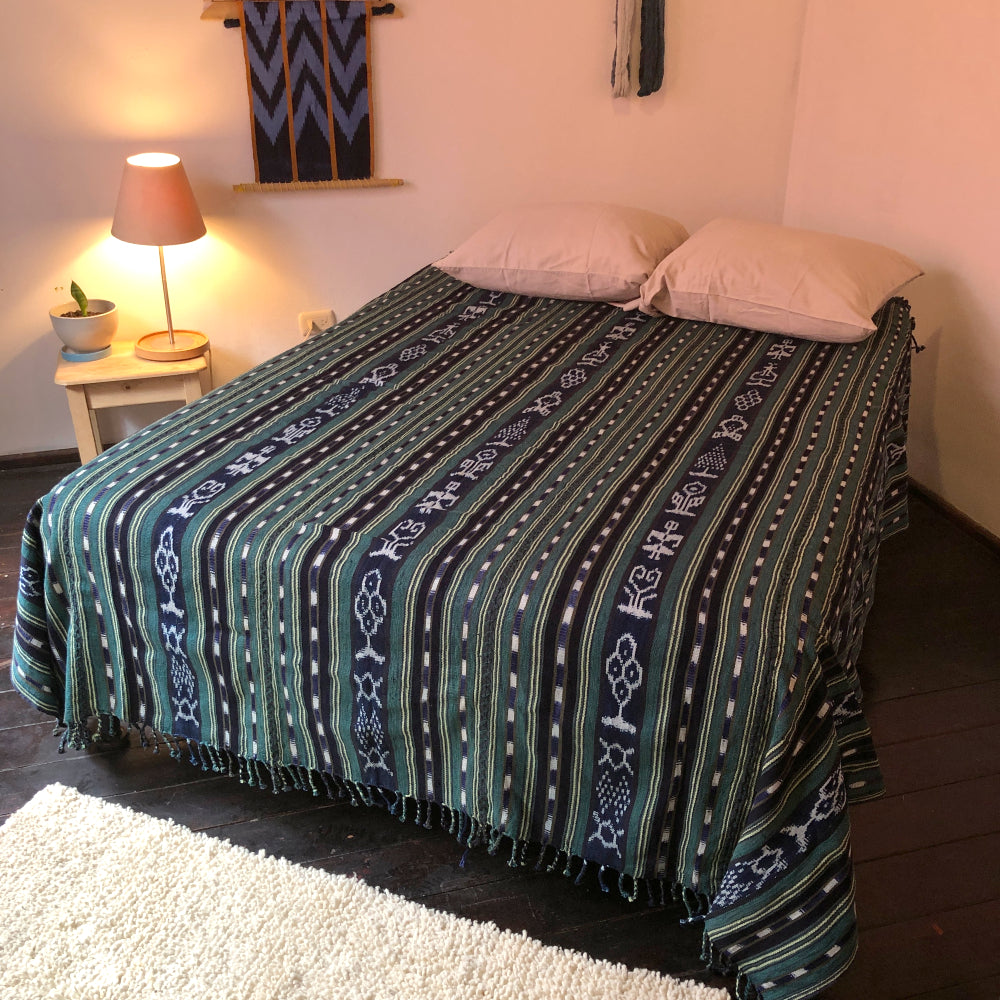 Cotton ikat bedspread in Pine