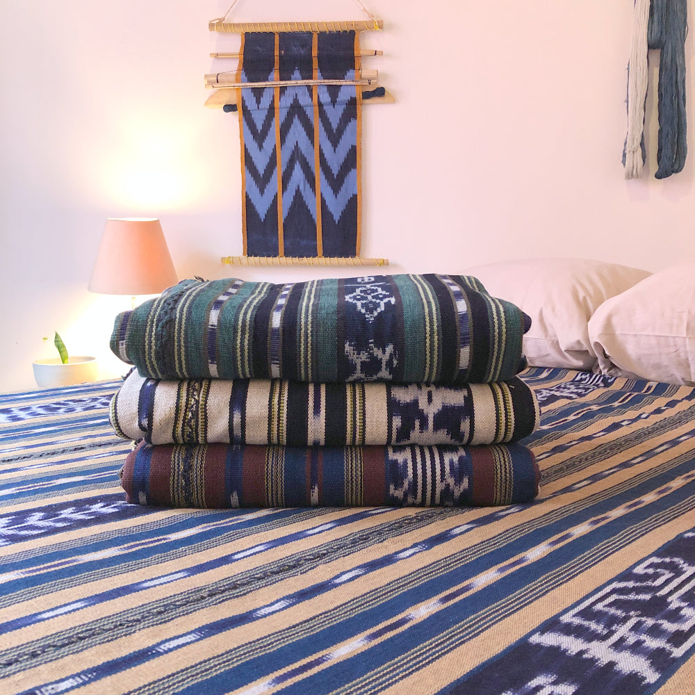 Cotton ikat bedspread in Coffee and Indigo
