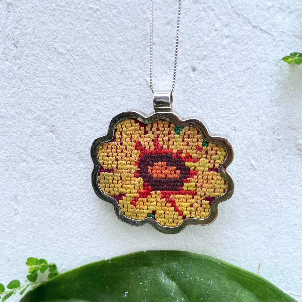 Silver Textile Pendant: Yellow Flower