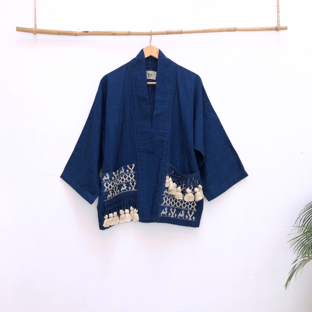 The Aiko Jacket: Indigo with brocade pockets