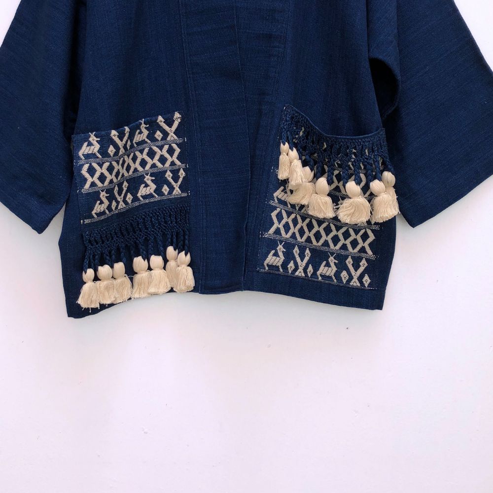 The Aiko Jacket: Indigo with brocade pockets