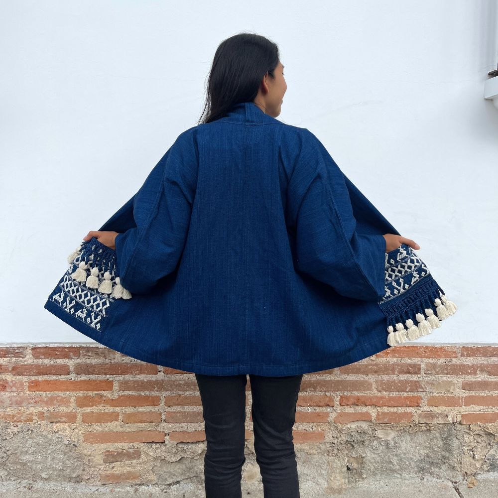 The Aiko Jacket: Indigo with brocade pockets