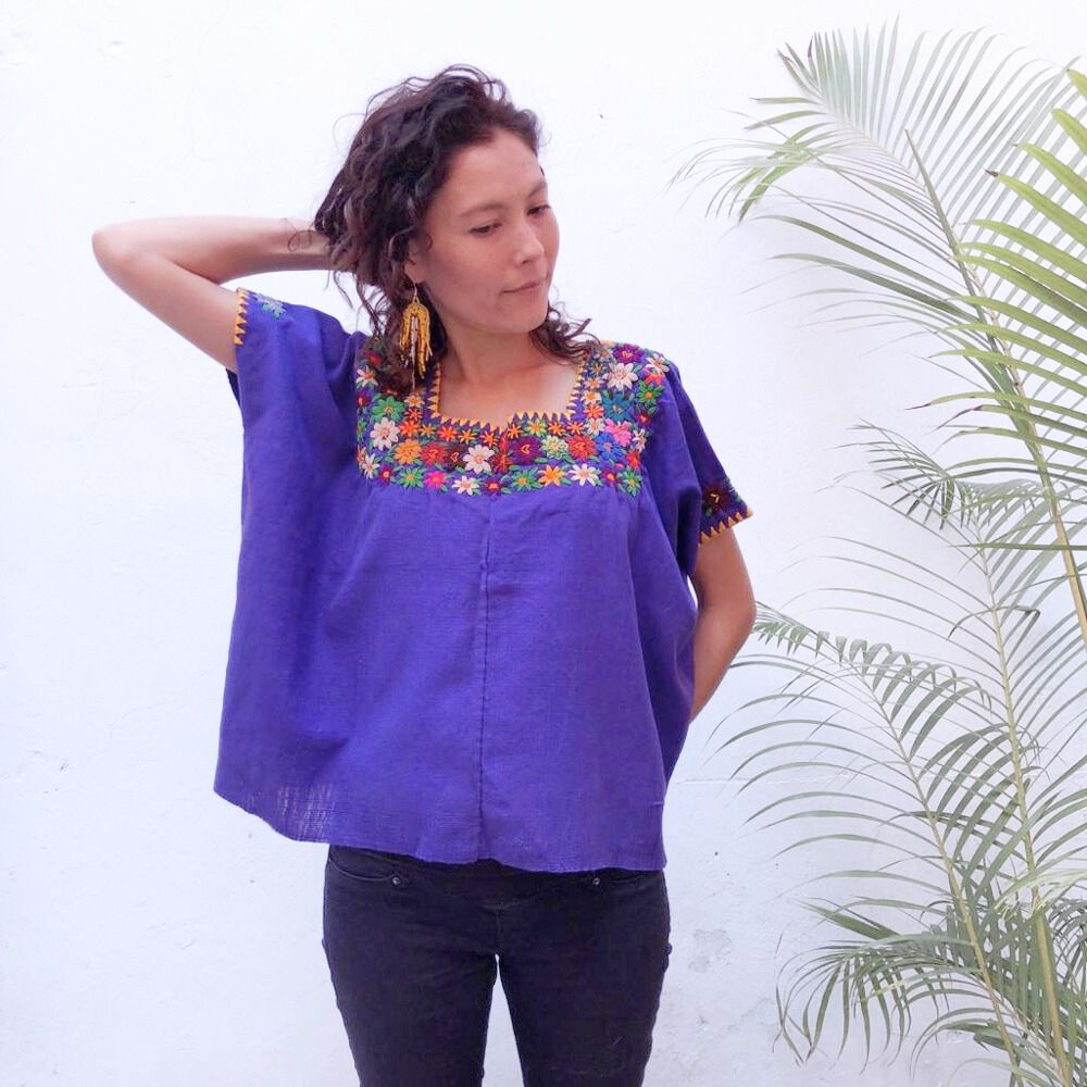 Model wearing a purple blouse with colorful embroidery against a white background with green leaves. Reference picture