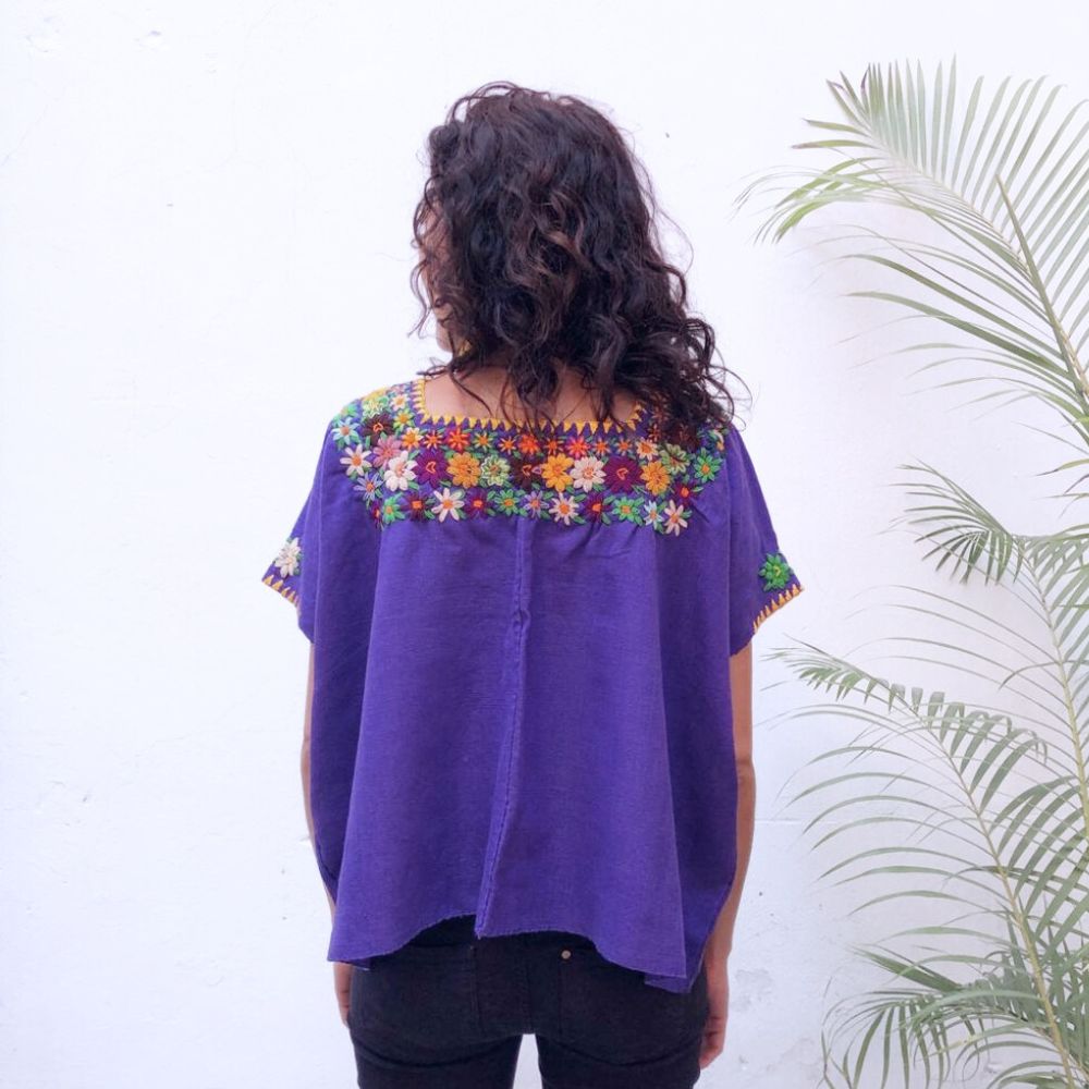 Model wearing a purple blouse with colorful embroidery against a white background with green leaves. Reference picture