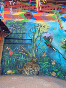 Colorful mural depicting a tropical scene with native animals and a woman