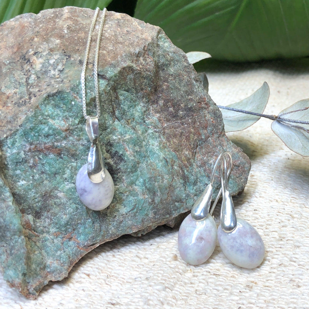 Oval Jade Earrings and Necklace Set - Lilac