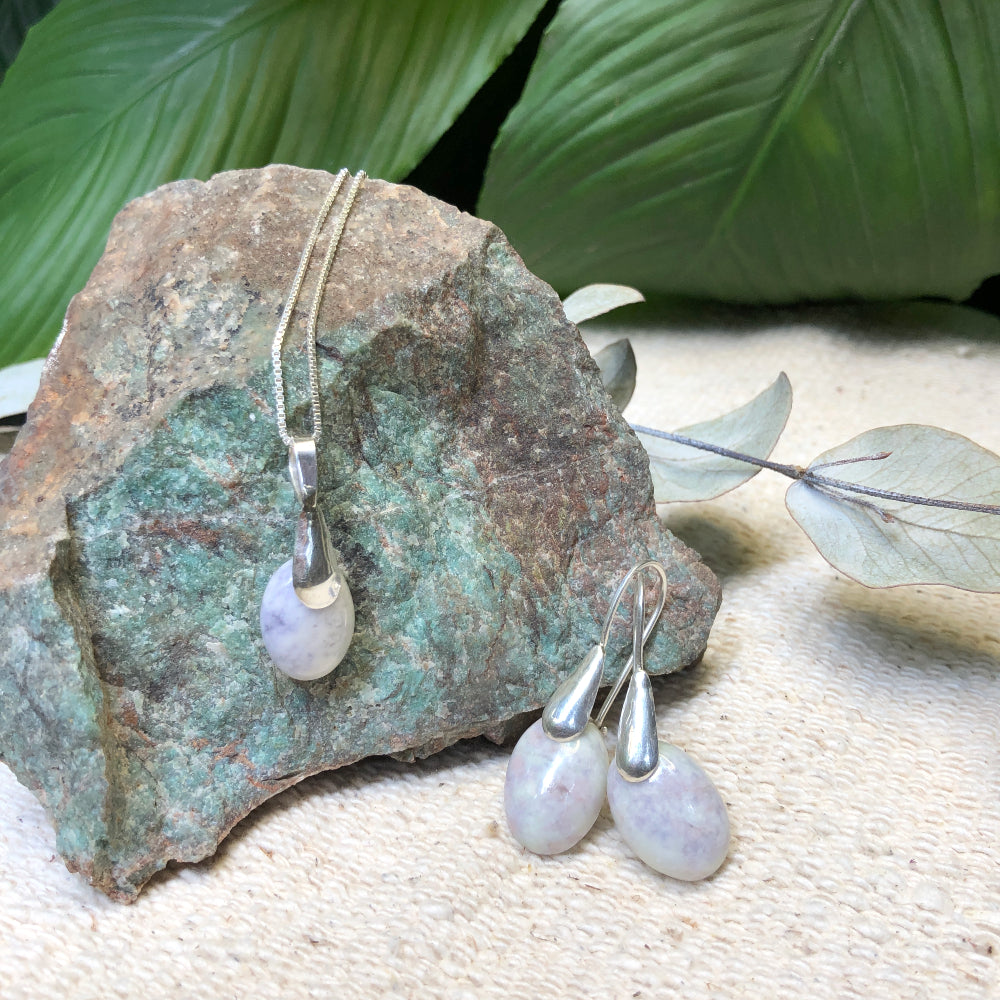 Oval Jade Earrings and Necklace Set - Lilac