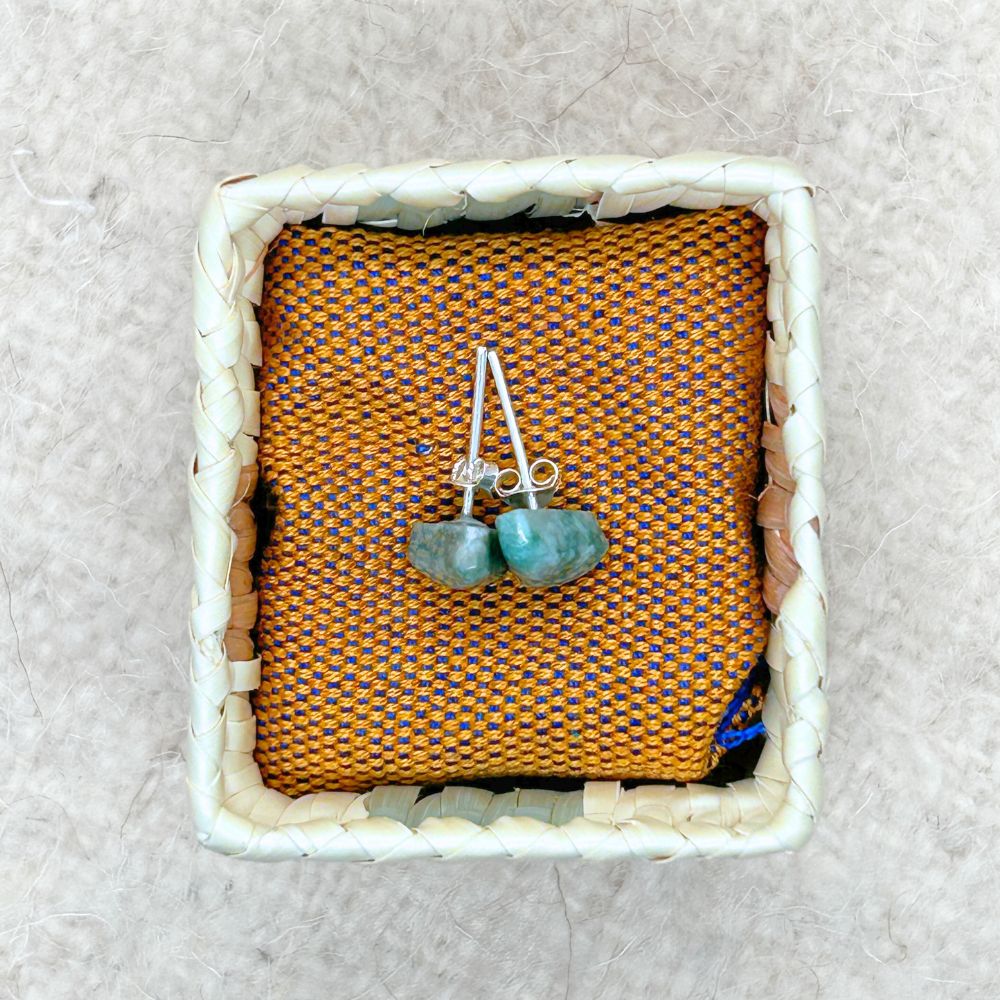  Pear-Shaped Medium Green Jade Stud Earrings on a Woven Palm Basket 