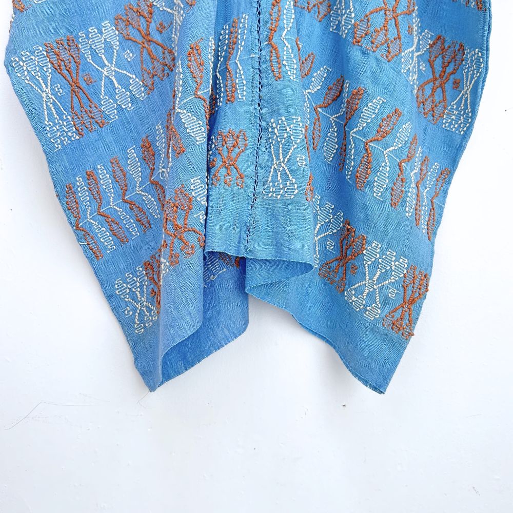 Two-panel blouse in sky blue color with handspun threads, brocade figures of leaves.