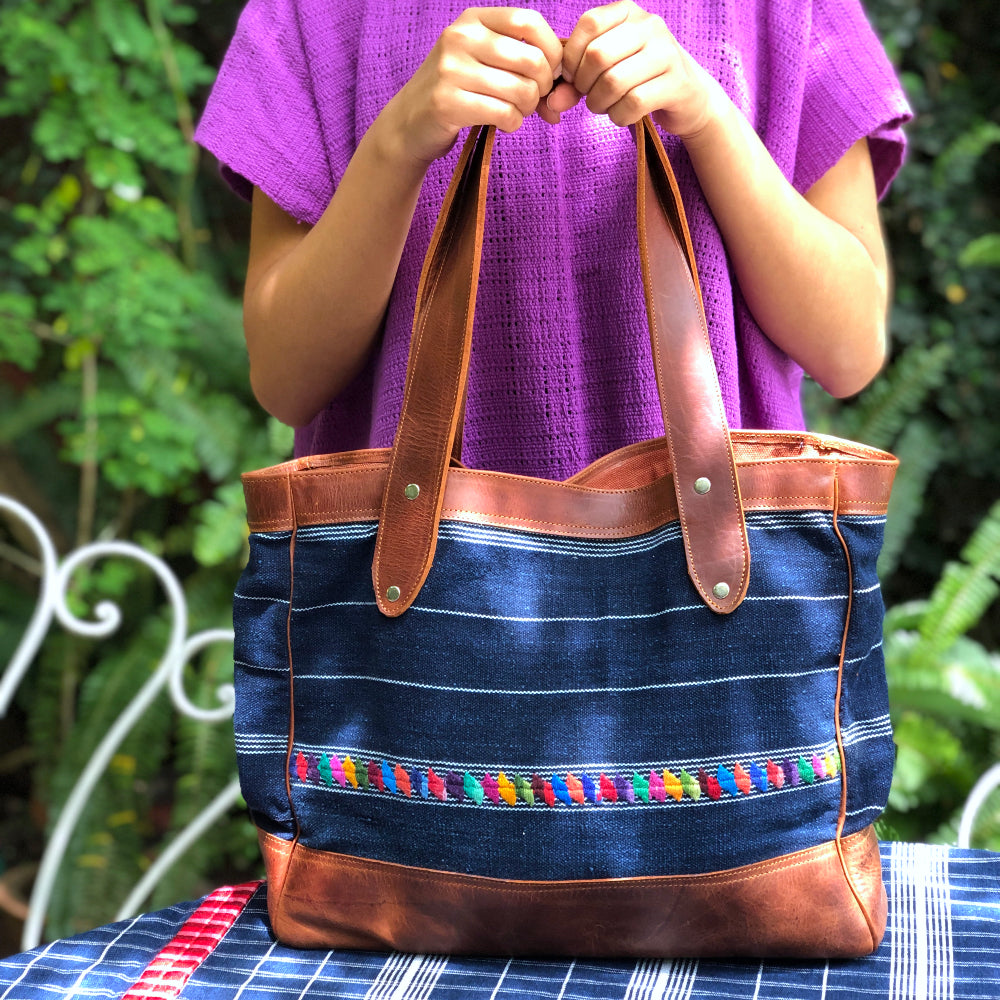 Upcycled Handcrafted Denim Jeans Blue Chequered Tote Bag