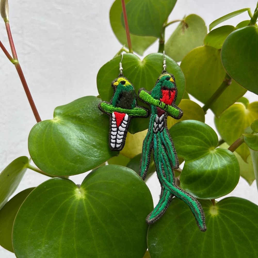 Green bird earrings with red accents on a leafy green background