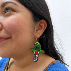Model wearing a female embroidered quetzal earring. 