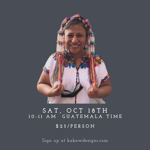 Woman in traditional Sumpango Guatemalan attire with event information on a dark background